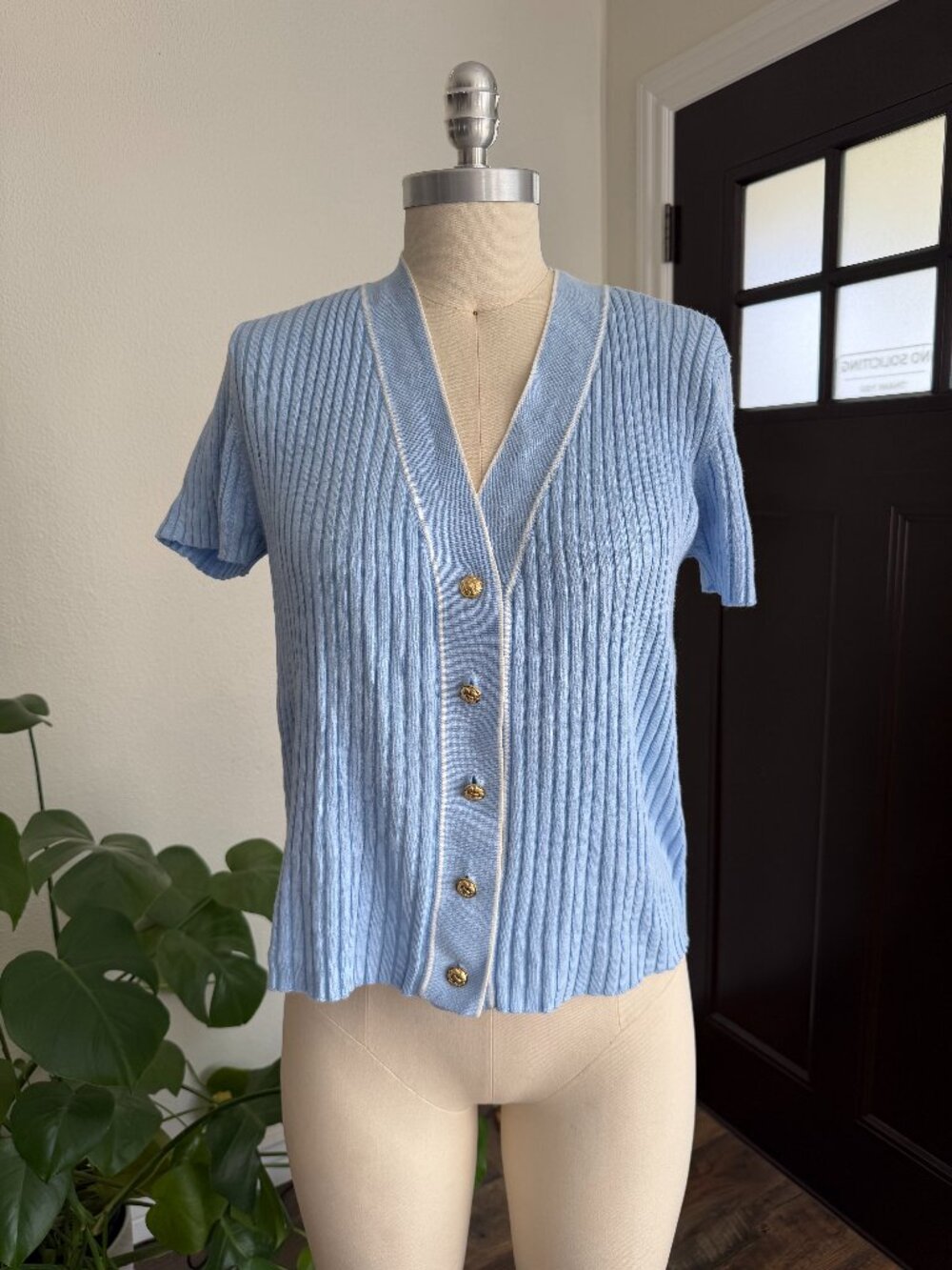 Laundry Shelli Segal Knitted Baby Blue Cardigan Shirt Preppy Classic Elegant SzL